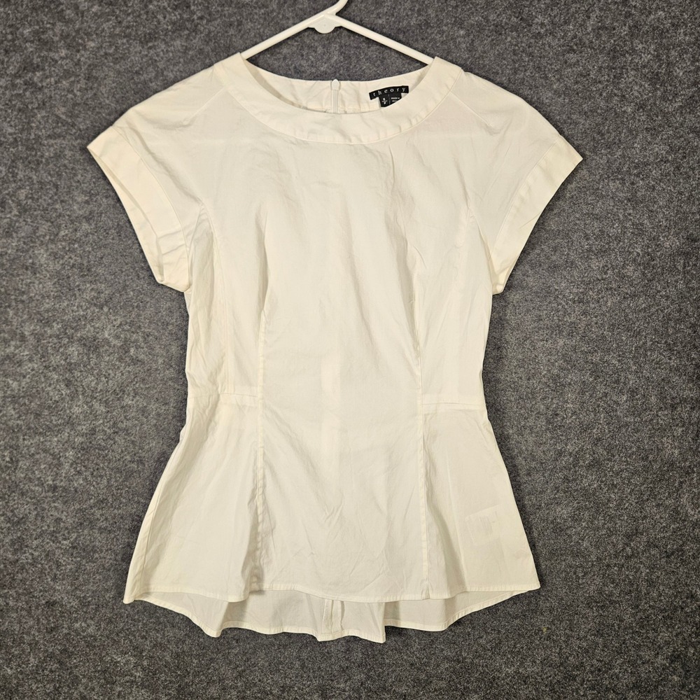Theory Womens Ivory Peplum Stretch Cotton Blouse Office Minimalist Chic Sz S